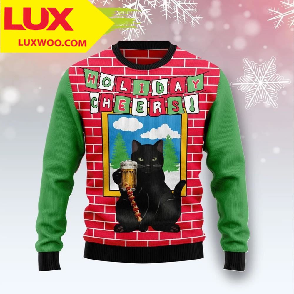 Holiday Cheer Black Cat Beer Ugly Christmas Sweater