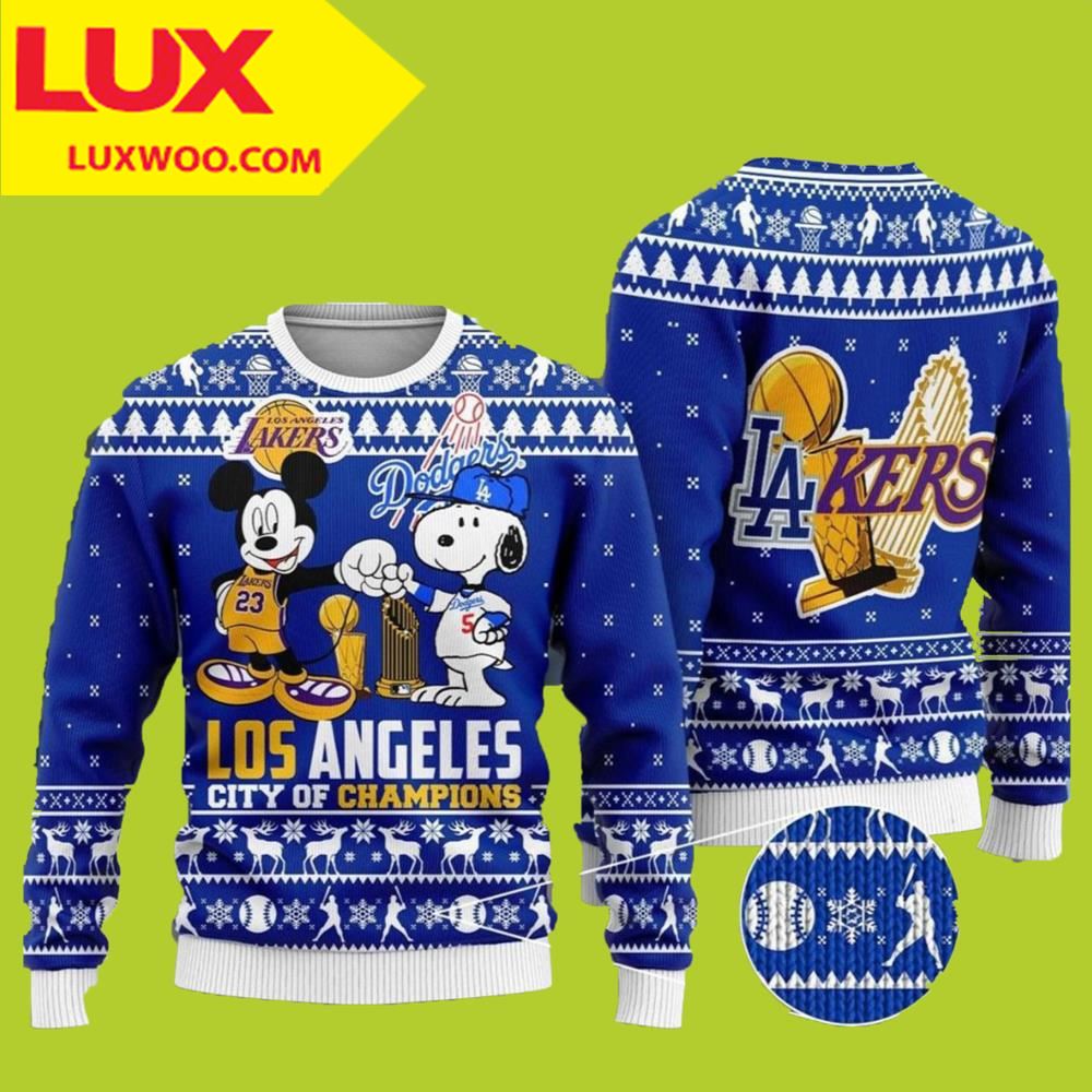 Mickey Mouse Los Angeles Lakers And Snoopy Lakers Ugly Christmas Sweater