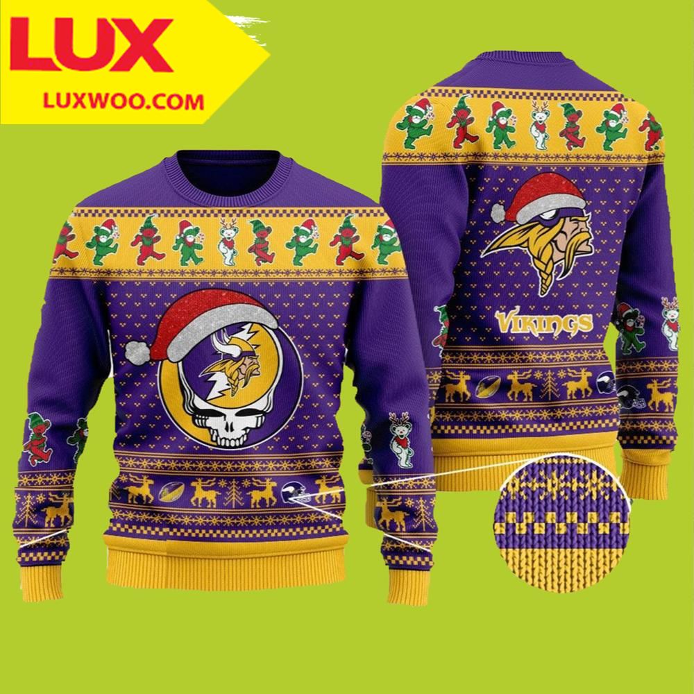 Minnesota Vikings Ugly Christmas Sweater Grateful Dead Skull And Bears ...