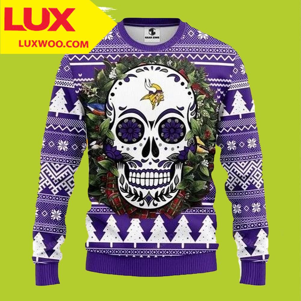 Minnesota Vikings Ugly Christmas Sweater Skull Flower