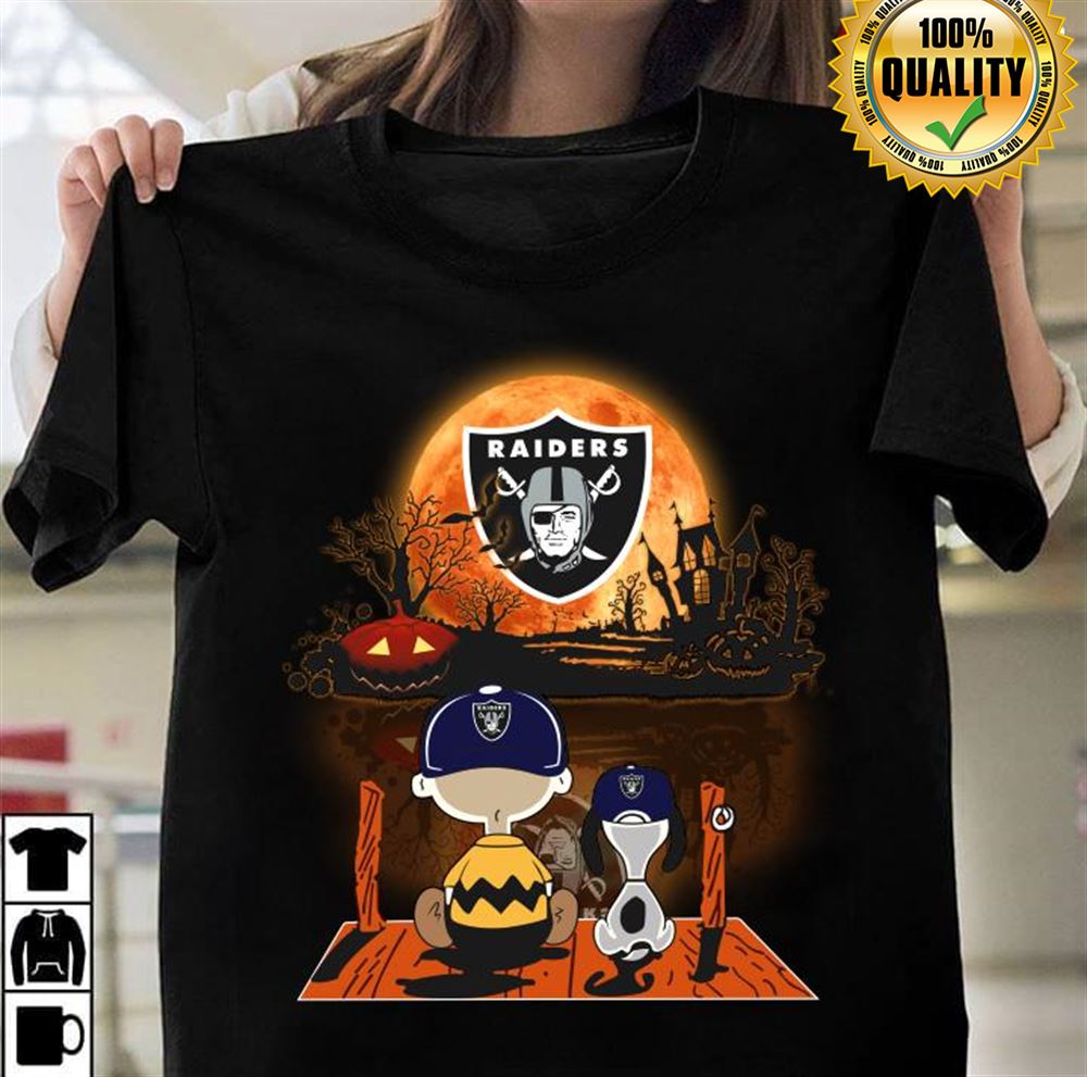 Charlie Brown And Snoopy Watching Oakland Las Vergas Raiders Halloween Tshirt For Fan