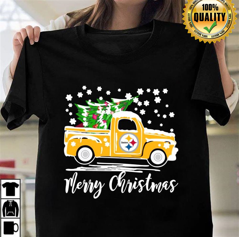 Vintage Car Carrying Christmas Tree Pittsburgh Steelers Merry Christmas