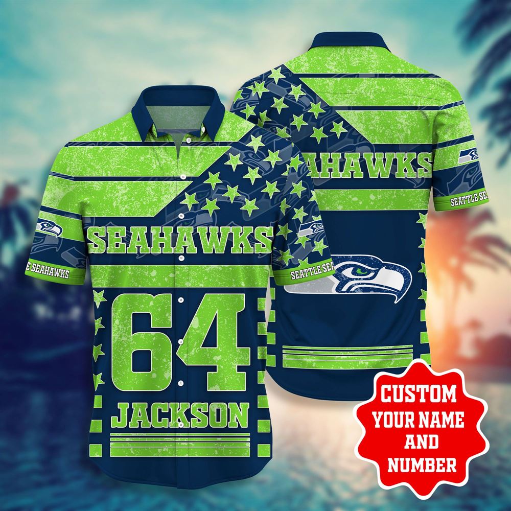 Nfl Hawaiian Shirt Seattle Seahawks Shorts Star 3d Custom Name Number Summer Short Sleeve Hawaiian Beach Shirt