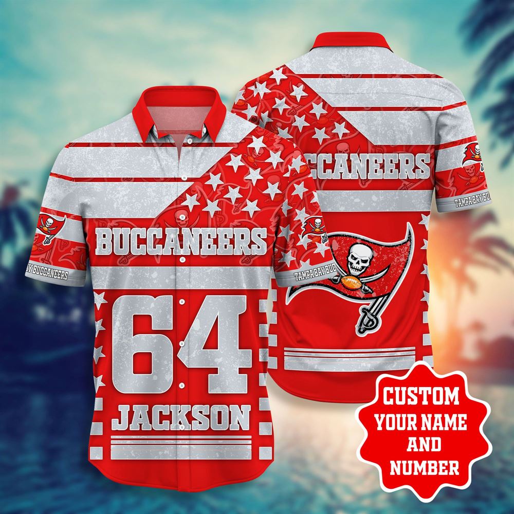 Nfl Hawaiian Shirt Tampa Bay Buccaneers Shorts Star 3d Custom Name Number Summer Short Sleeve Hawaiian Beach Shirt