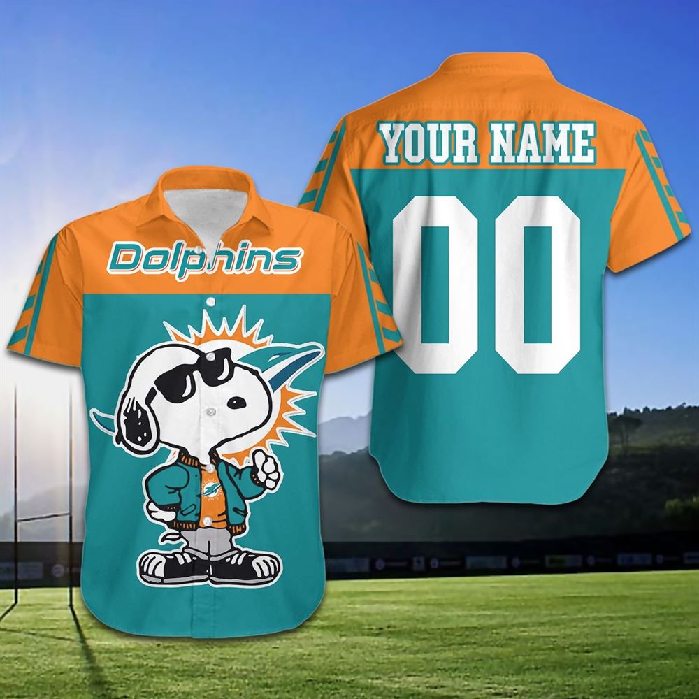 Nfl Miami Dolphins Hawaiian Shirt Football Team Cute The Snoopy Show Custom Name Summer Short Sleeve Hawaiian Beach Shirt