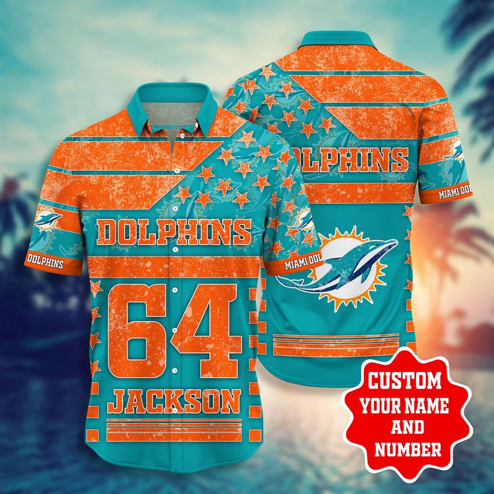 Nfl Miami Dolphins Hawaiian Shirt Shorts Star 3d Custom Name Number Summer Short Sleeve Hawaiian Beach Shirt