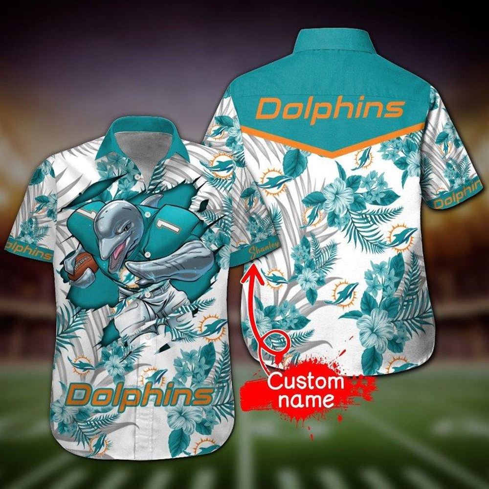 Nfl Miami Dolphins Hawaiian Shirt And Shorts Mascot Custom Name Summer Short Sleeve Hawaiian Beach Shirt