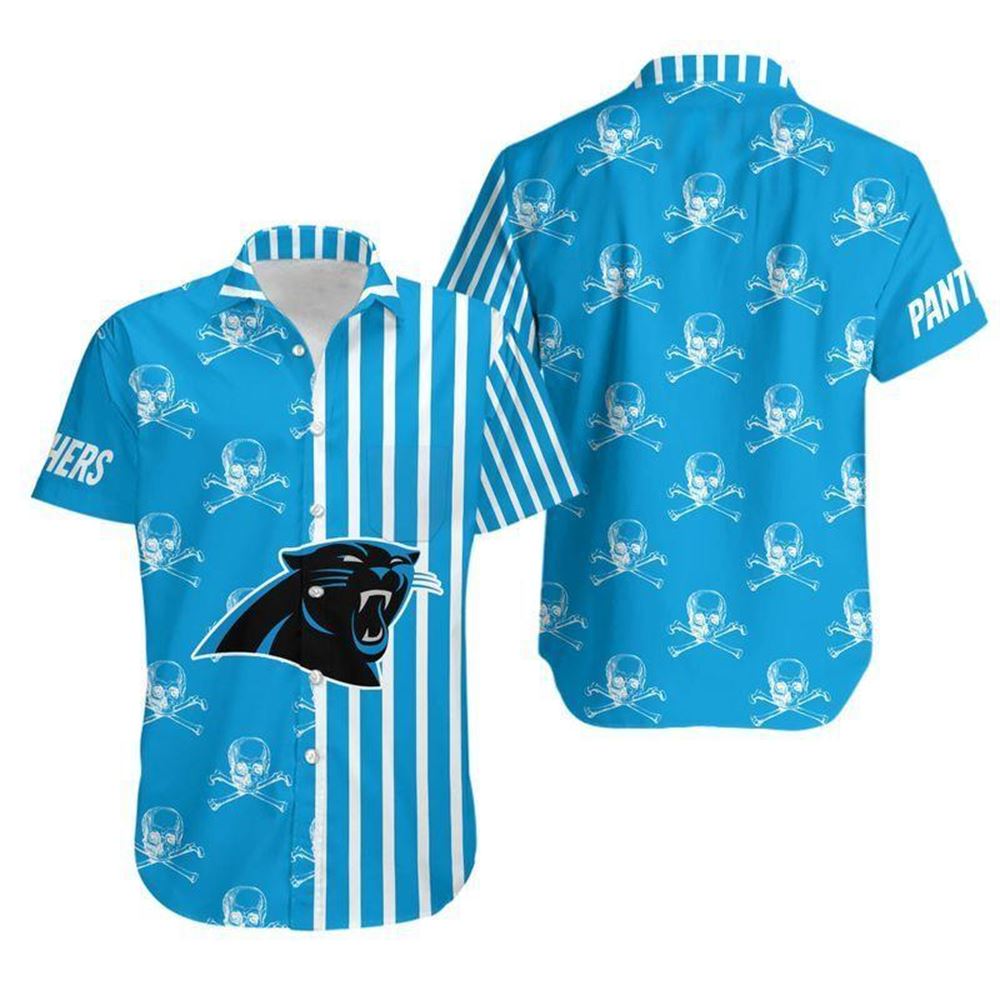 Carolina Panthers Stripes And Skull Hawaiian Shirt For Fans Summer Short Sleeve Hawaiian Beach Shirt