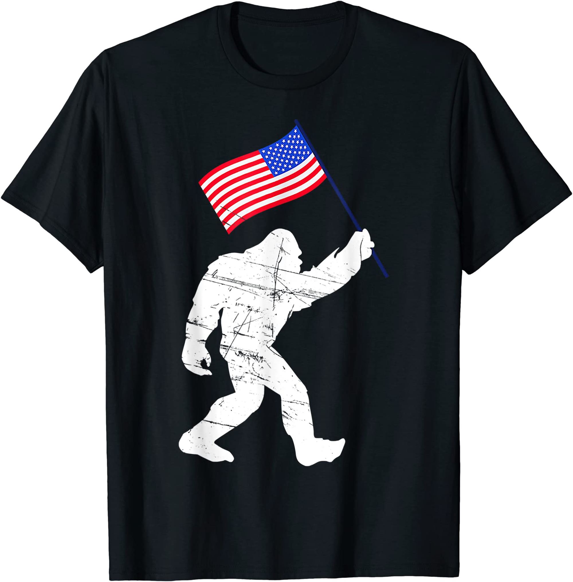 Bigfoot With American Flag Funny 4th Of July T-shirt Full Size Up To 5xl
