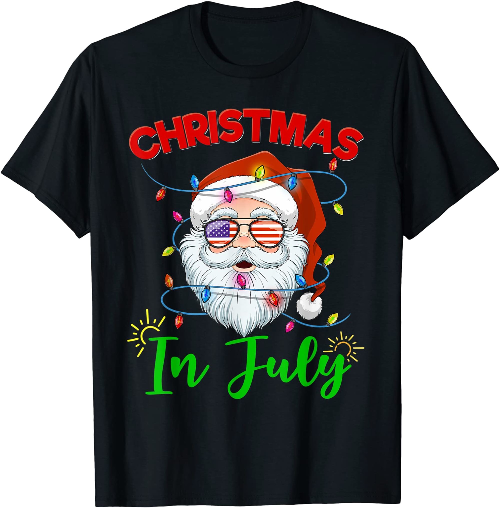 Christmas In July Santa Hat Sunglasses Usa Flag Summer T-shirt Full Size Up To 5xl