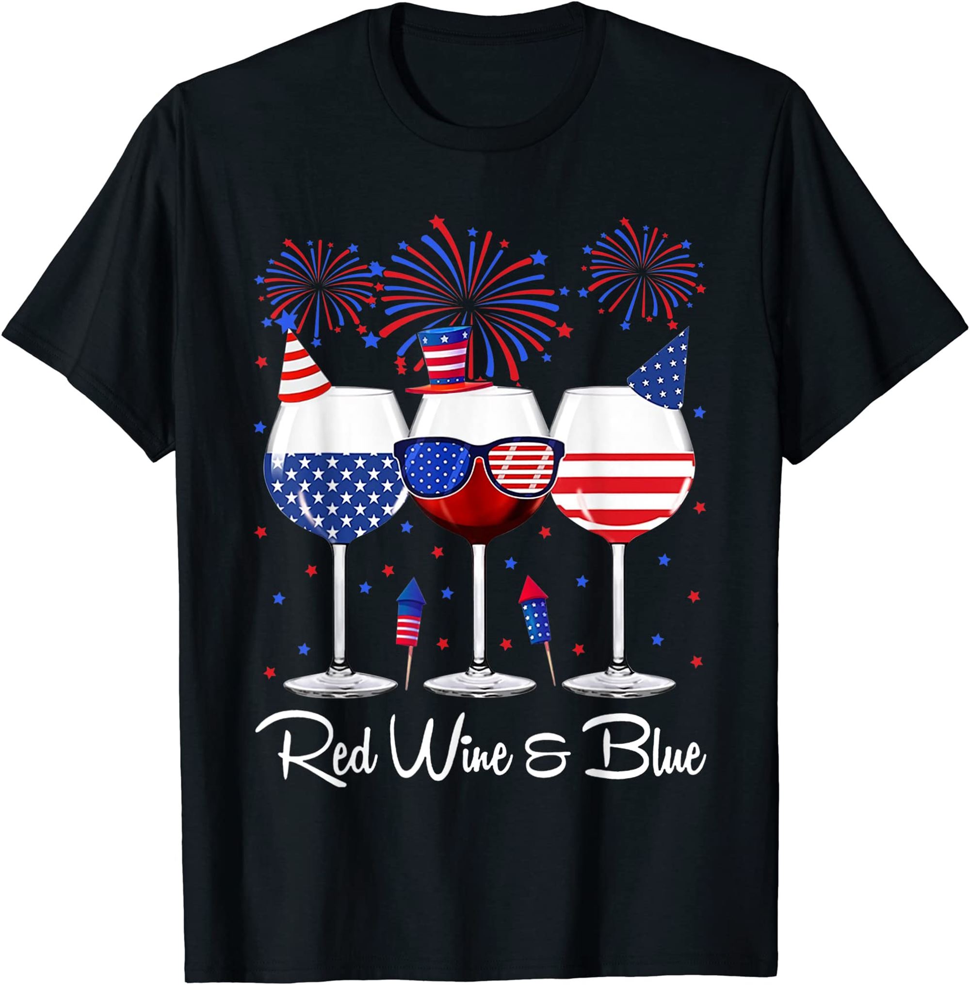 Red Wine Blue 4th Of July Wine Red White Blue Wine Glasses T-shirt Size Up To 5xl