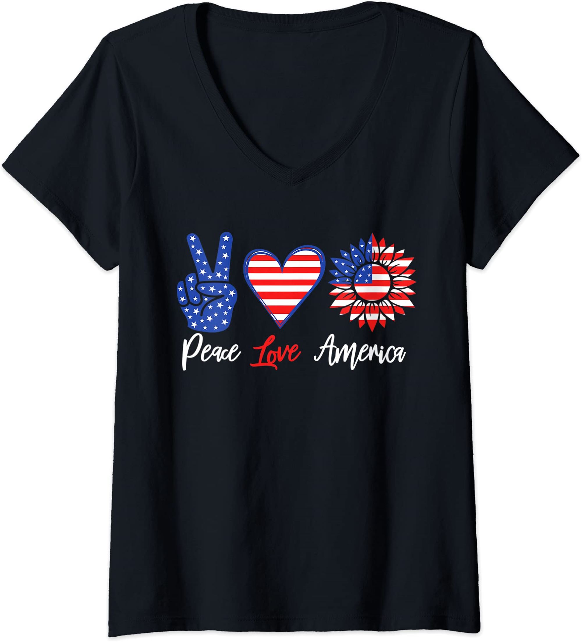 Womens Peace Love America Funny 4th Of July Sunflower V Neck Tshirt Size Up To 5xl