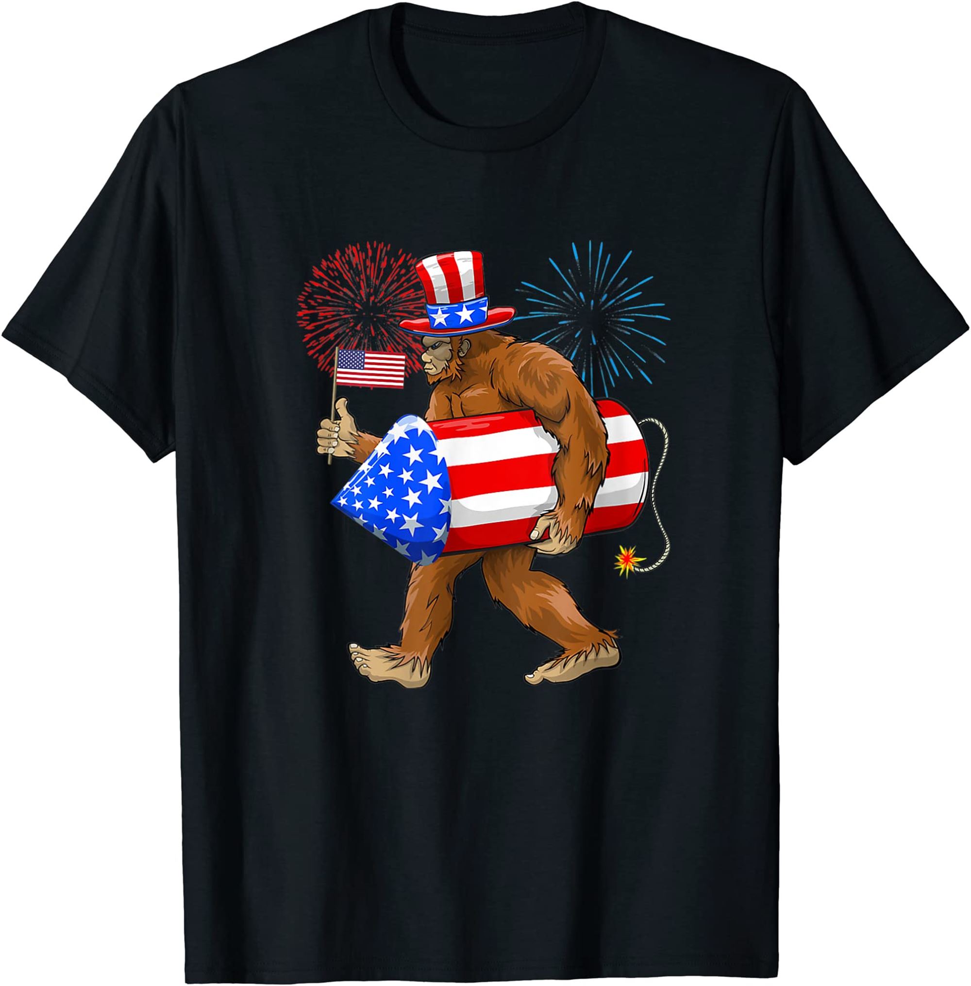 4th Of July Bigfoot American Flag Fireworks Sasquatch T-shirt Full Size Up To 5xl