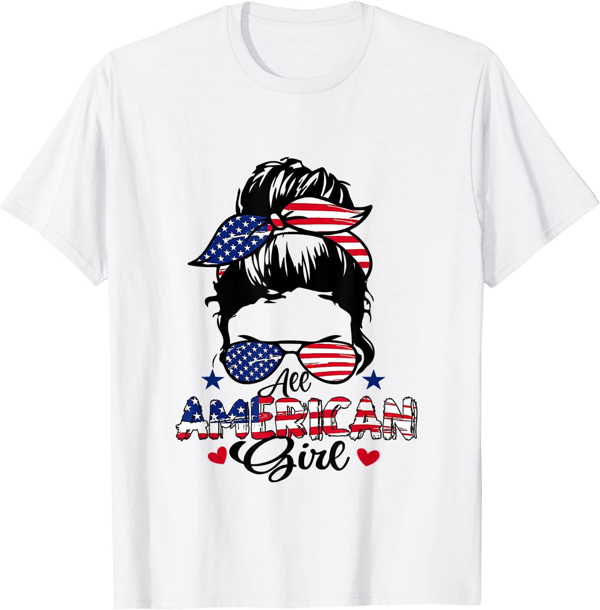 All American Girls 4th Of July Messy Bun Patriotic T-shirt Plus Size Up To 5xl