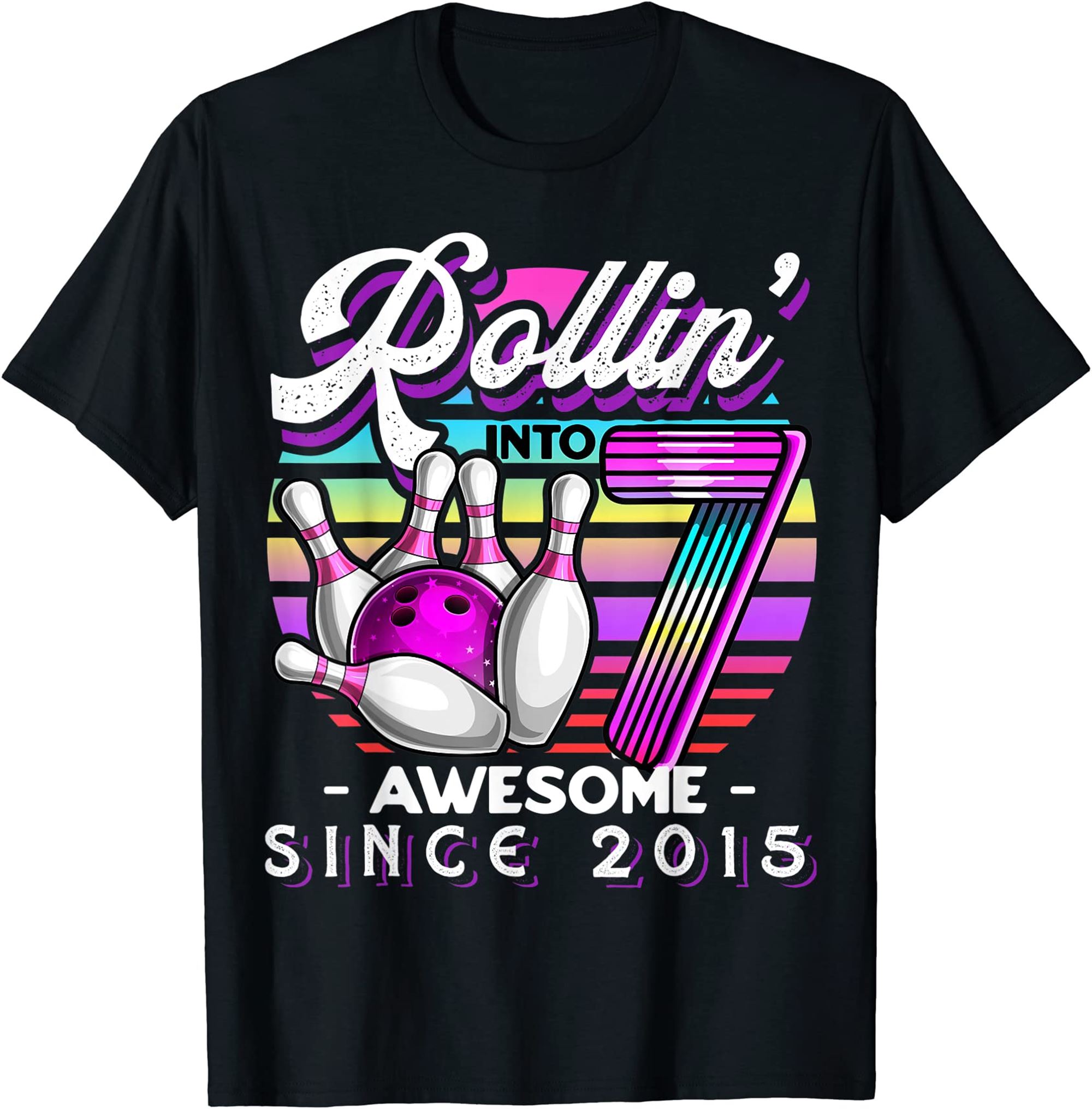Rollin Into 7 Awesome 2015 Retro Bowling 7th Birthday Girls T-shirt Full Size Up To 5xl