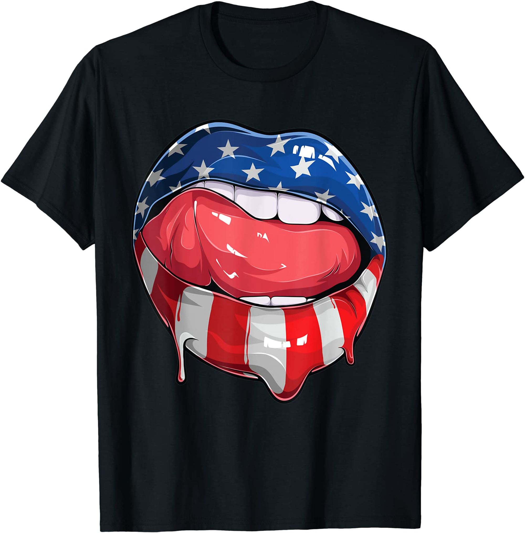 Usa Flag Dripping Lips 4th Of July Patriotic American T-shirt Full Size Up To 5xl