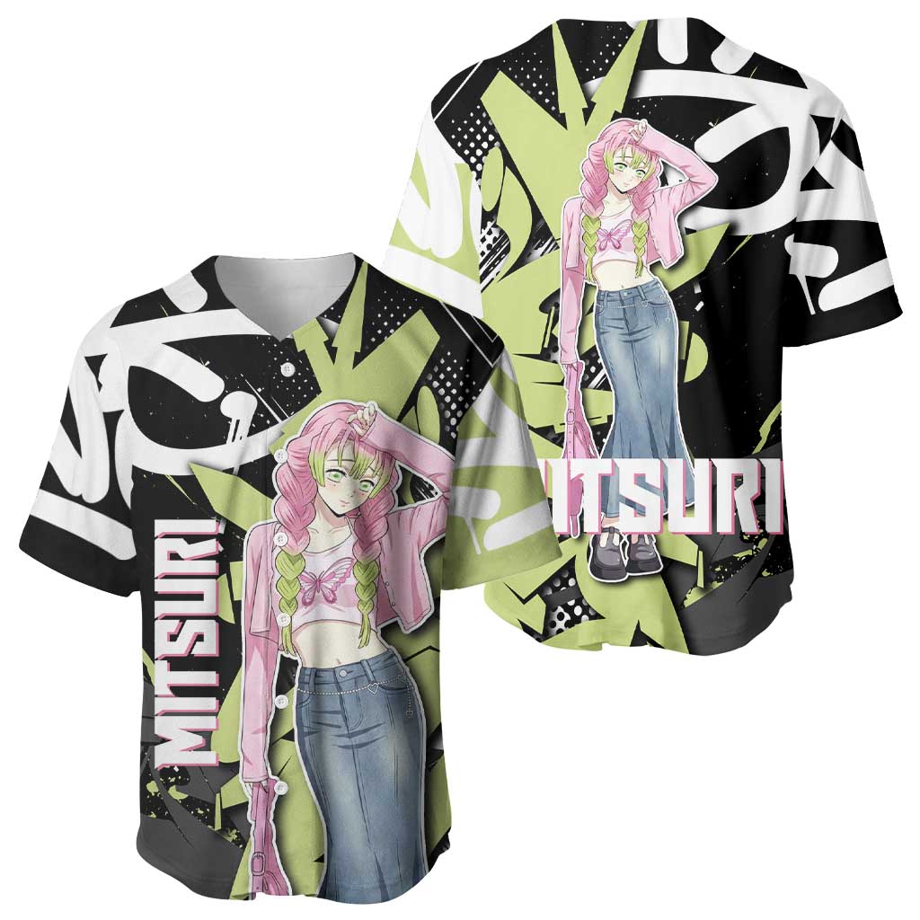 Mitsuri Kanroji Green Black Graffiti Baseball Jersey Mitsuri Kanroji Green Black Graffiti Baseball Jersey