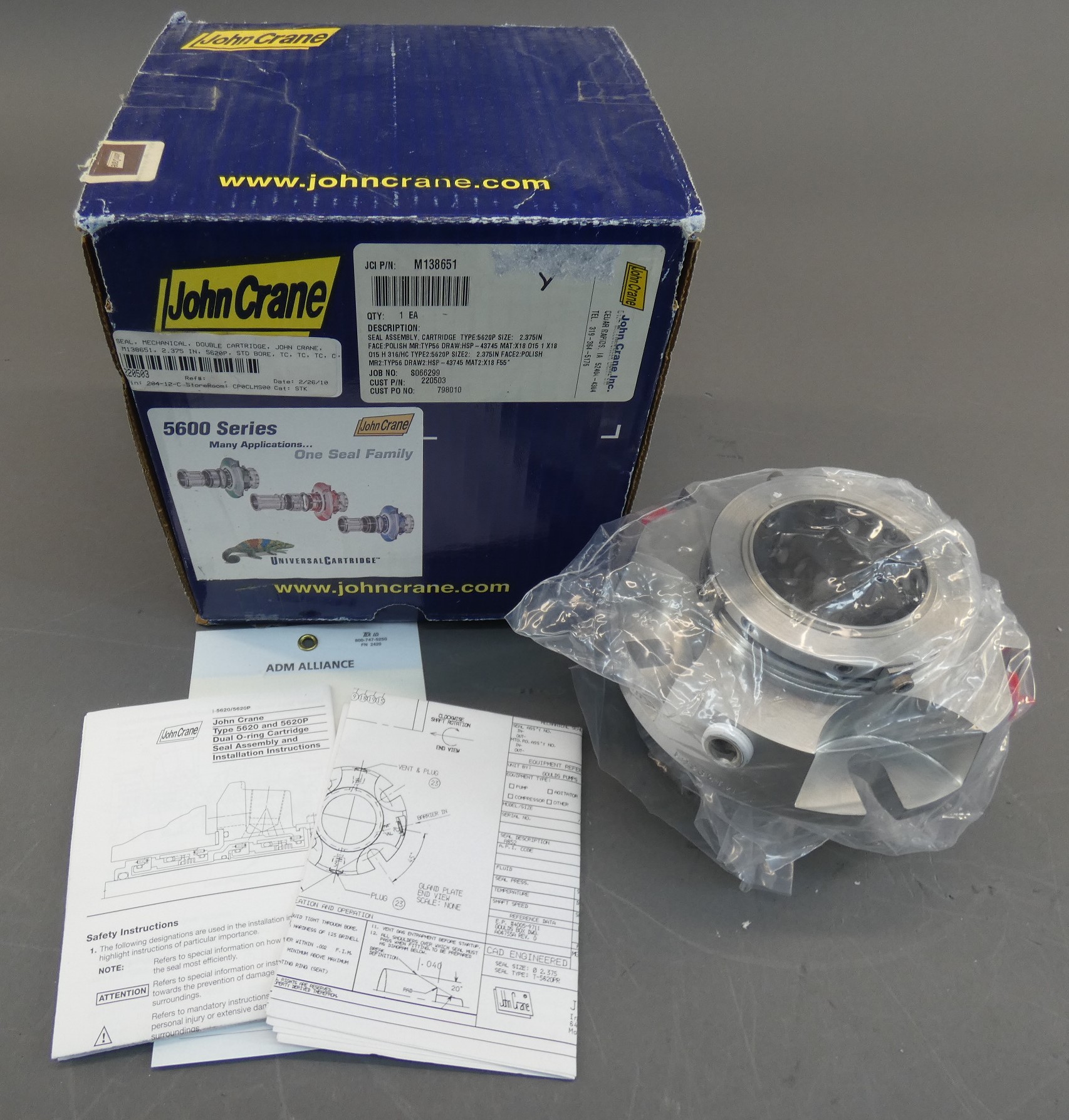 John Crane M138651 5620/5620P Dual O-Ring Cartridge 2.375" Seal Assembly Pump...