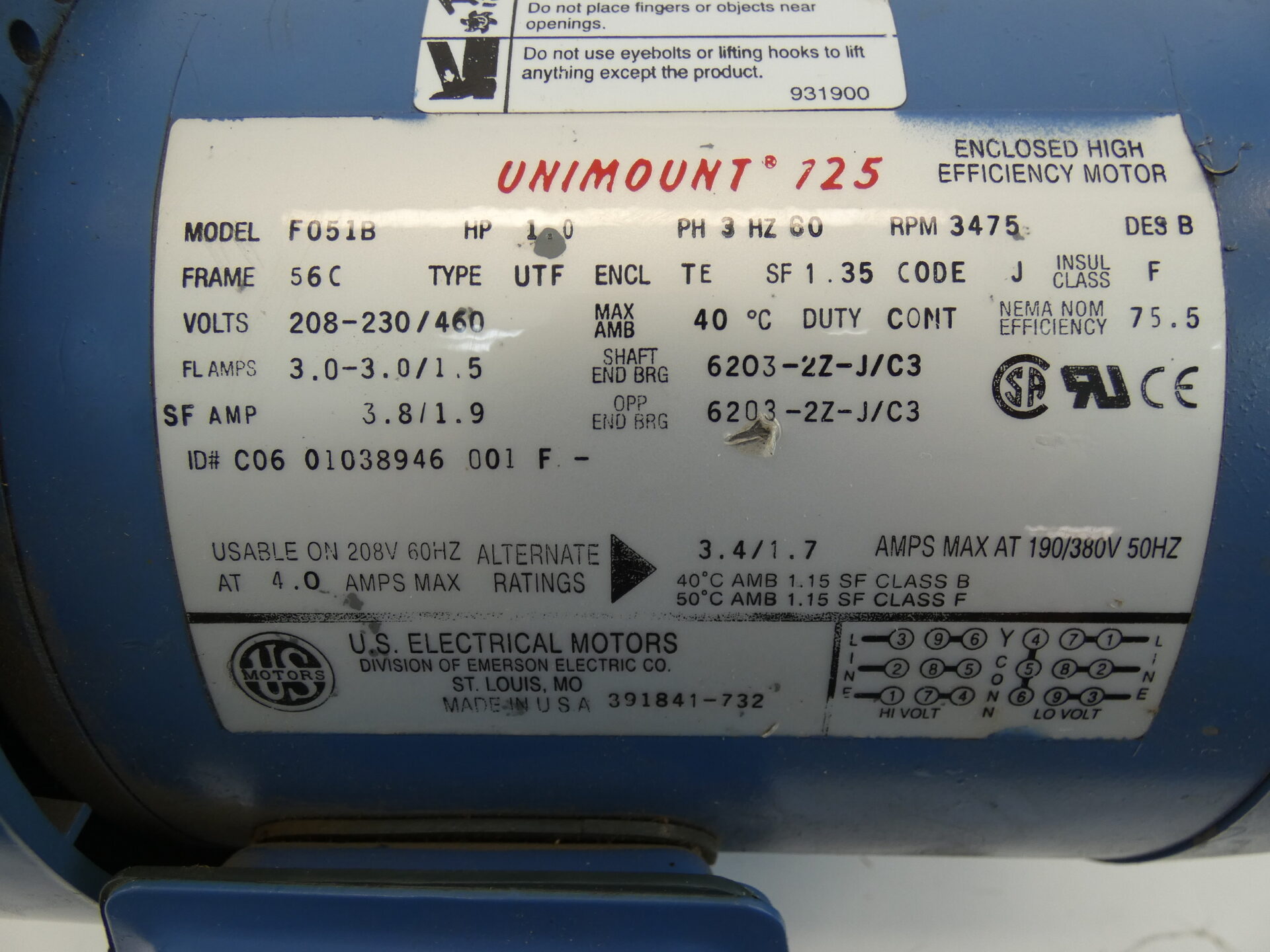 1hp Us Motors 56c 3600rpm 3ph 8 230 460v F051b Gpm Surplus