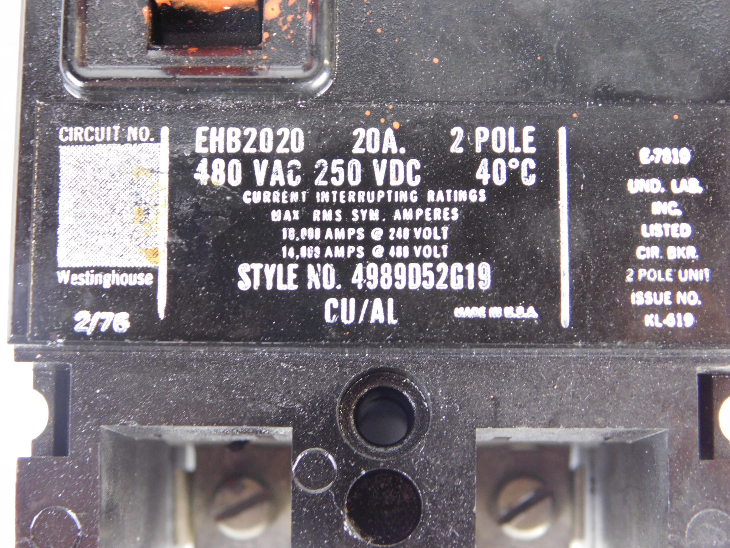 Westinghouse 20 Amp 2 pole Circuit Breaker  Catalog # EHB2020 