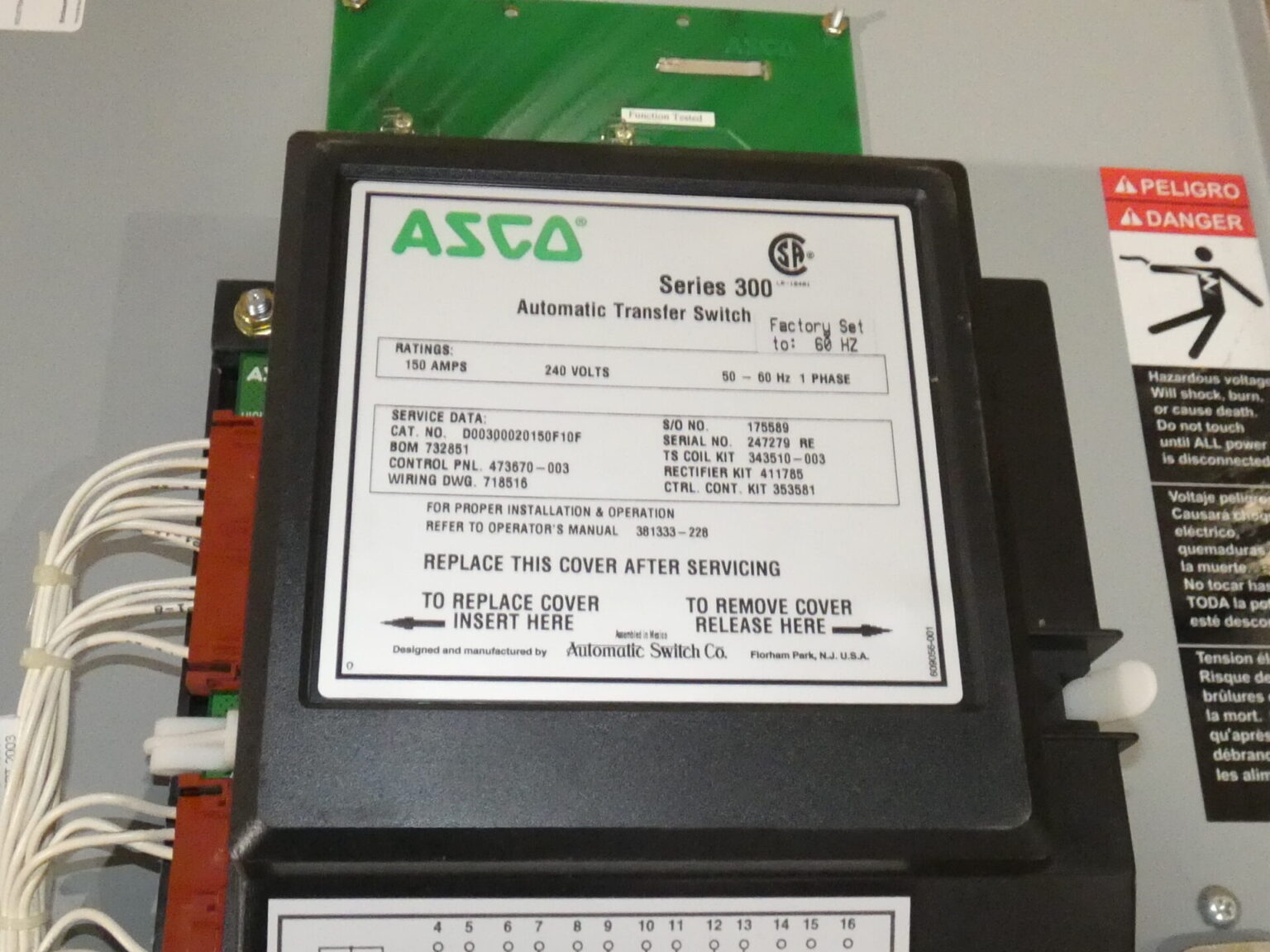 ASCO Series 300 Automatic Transfer Switch, D00300020150F10F, 150A, 240V