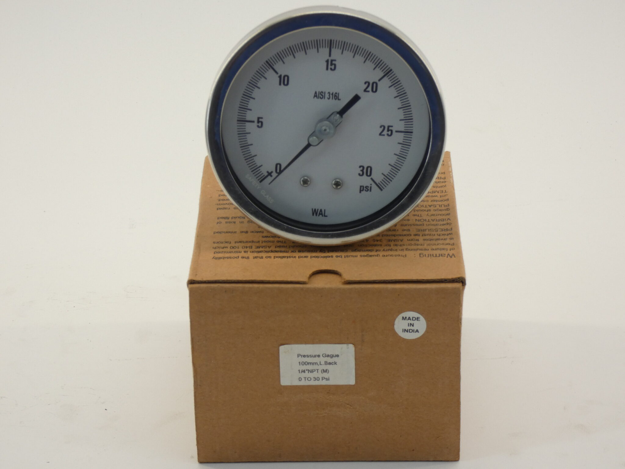 WAL Pressure Gauge 4" Face Dial 0-30 PSI 1/4"NPT Back Connection Stainless St...