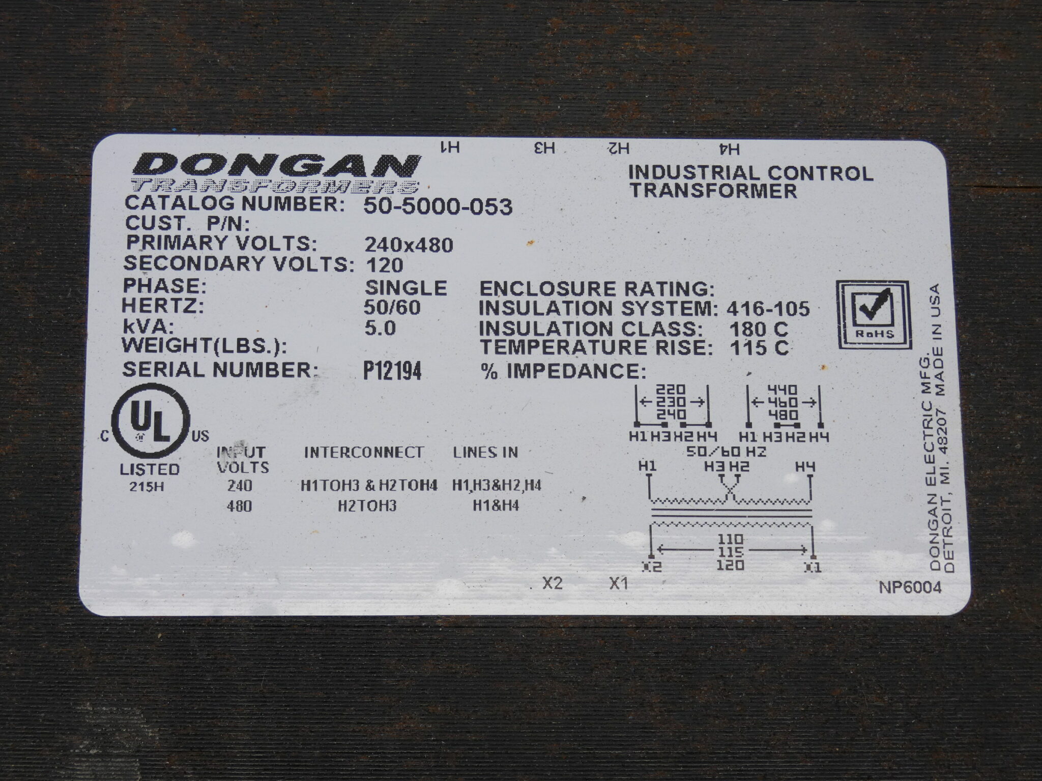 Dongan 50-5000-053 Industrial Control Transformer, 240/480V, 5 kVA – GPM  Surplus