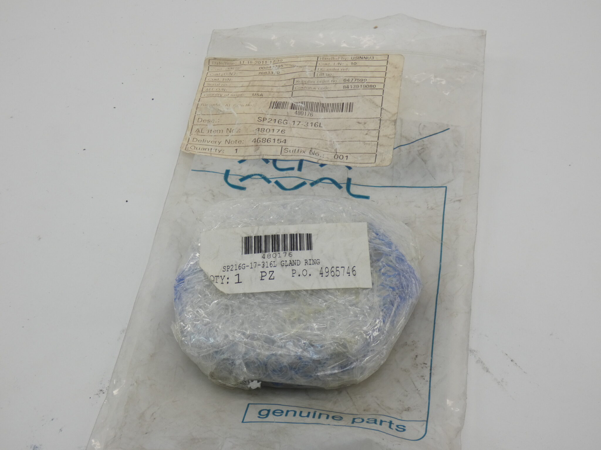 Alfa Laval 480176 Gland Ring, SP216G-17-316L - NEW Surplus!