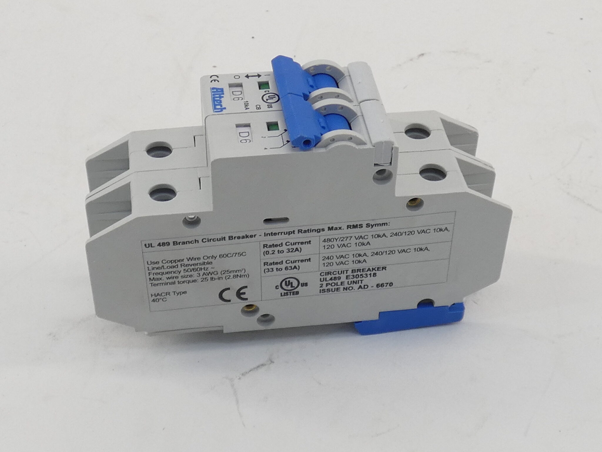 Altech D6 Circuit Breaker 2P UL489 480Y/277VAC 240/120VAC - NEW Surplus!