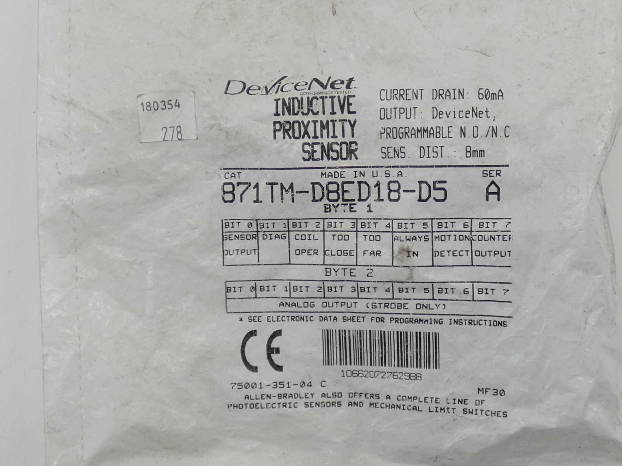 Allen-Bradley 871TM-D8ED18-D5 Inductive Proximity Sensor Series A ...