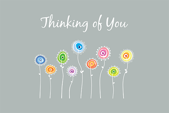 gray "thinking of you" card with illustrated colorful flowers