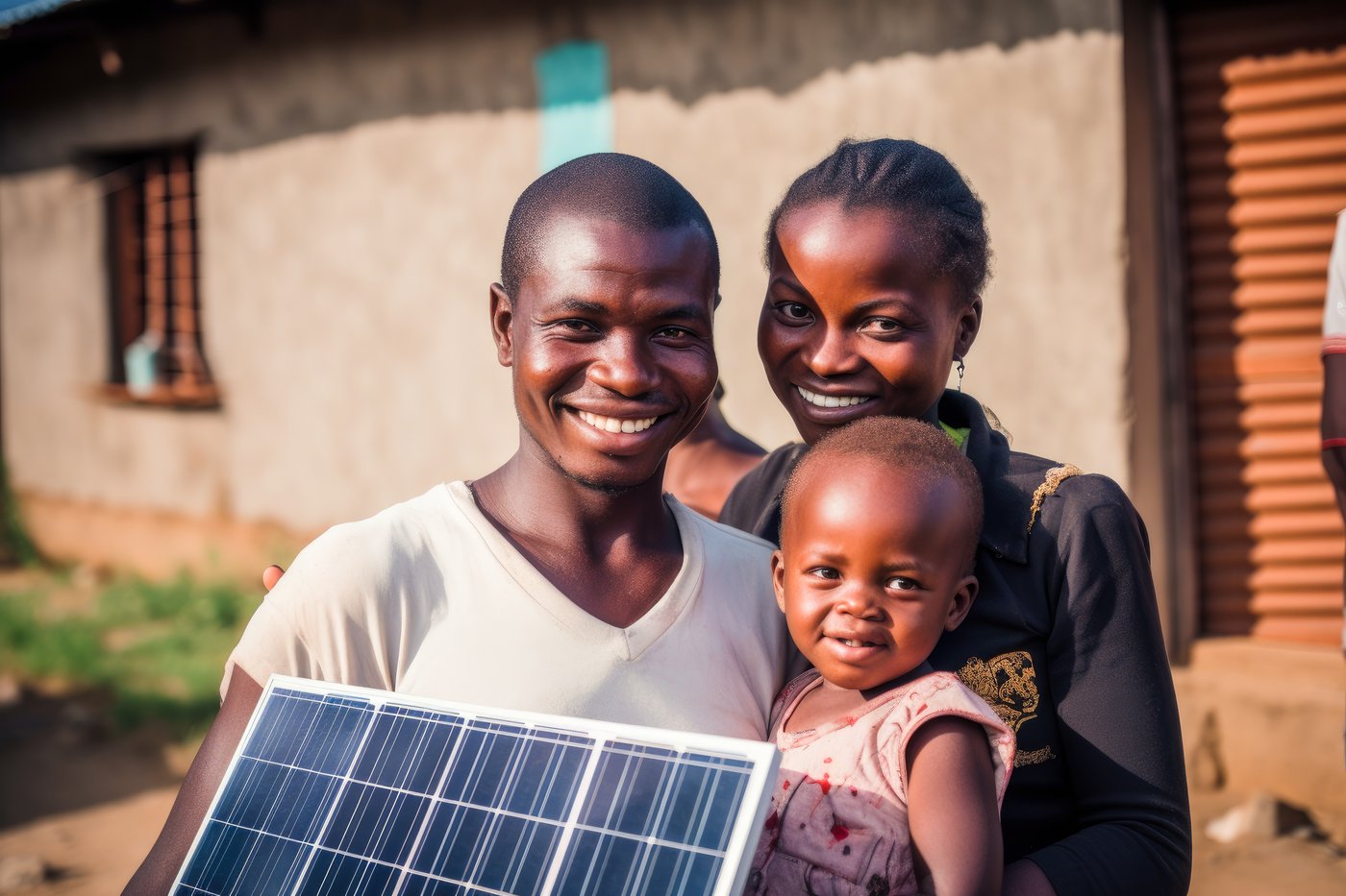 Family in rural Africa holding solar panel