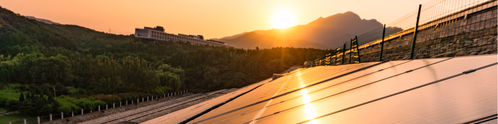 Sunset across an array at ground level, mountains