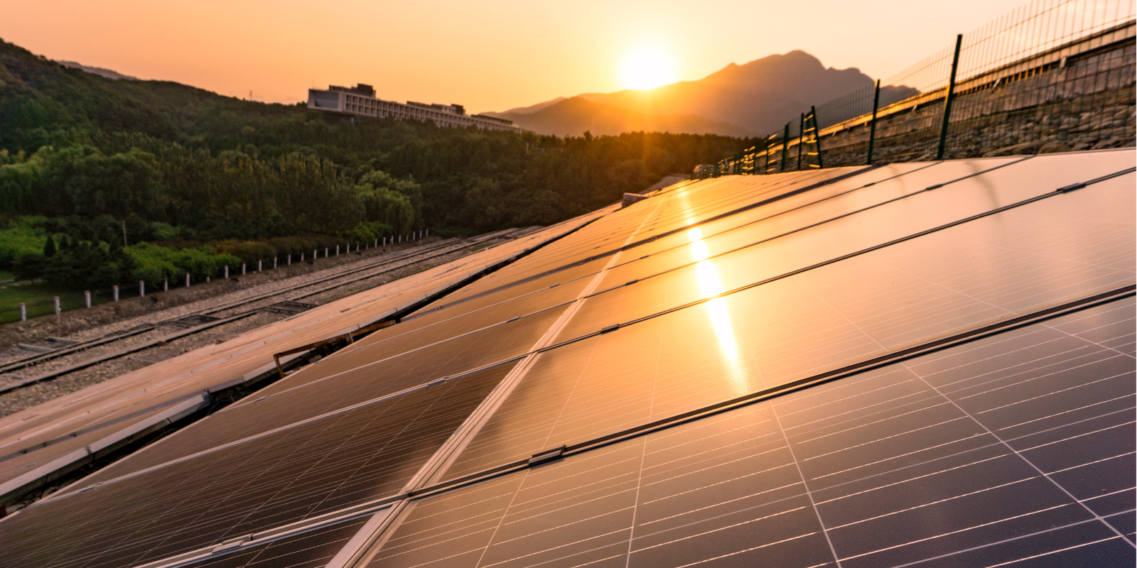 Sunset across an array at ground level, mountains