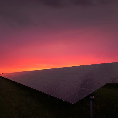 Solar panels, dark, sunrise or sunset