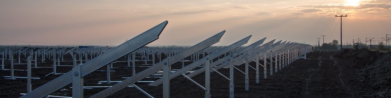 Solar field, outdoors, sunset or sunrise