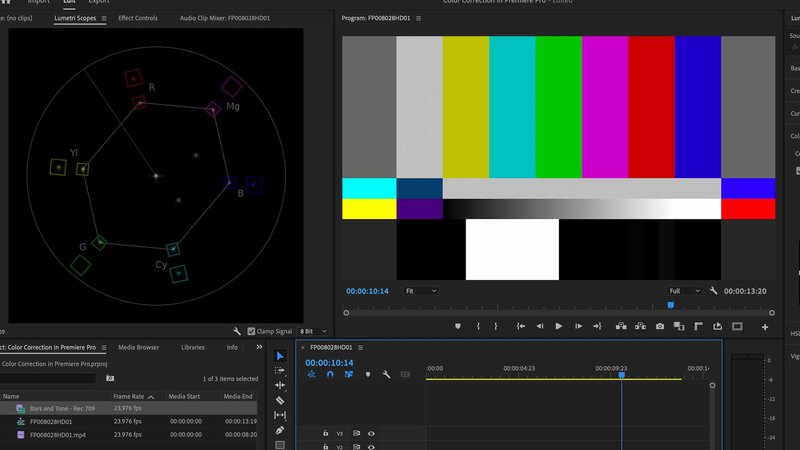 Premiere Pro Lumetri Scopes - Vectorscope with Color Bars