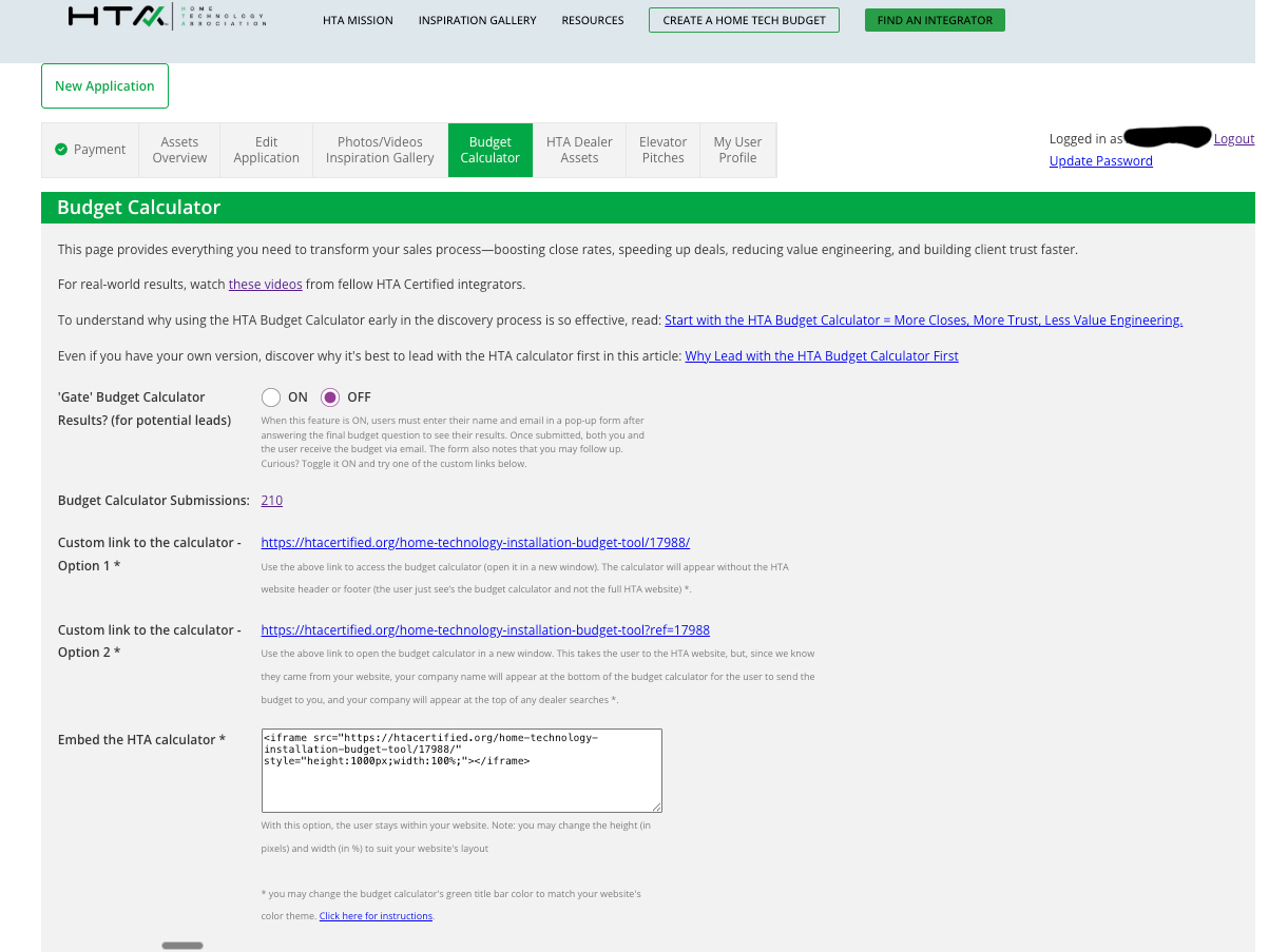 HTA Budget Calculator tab screenshot