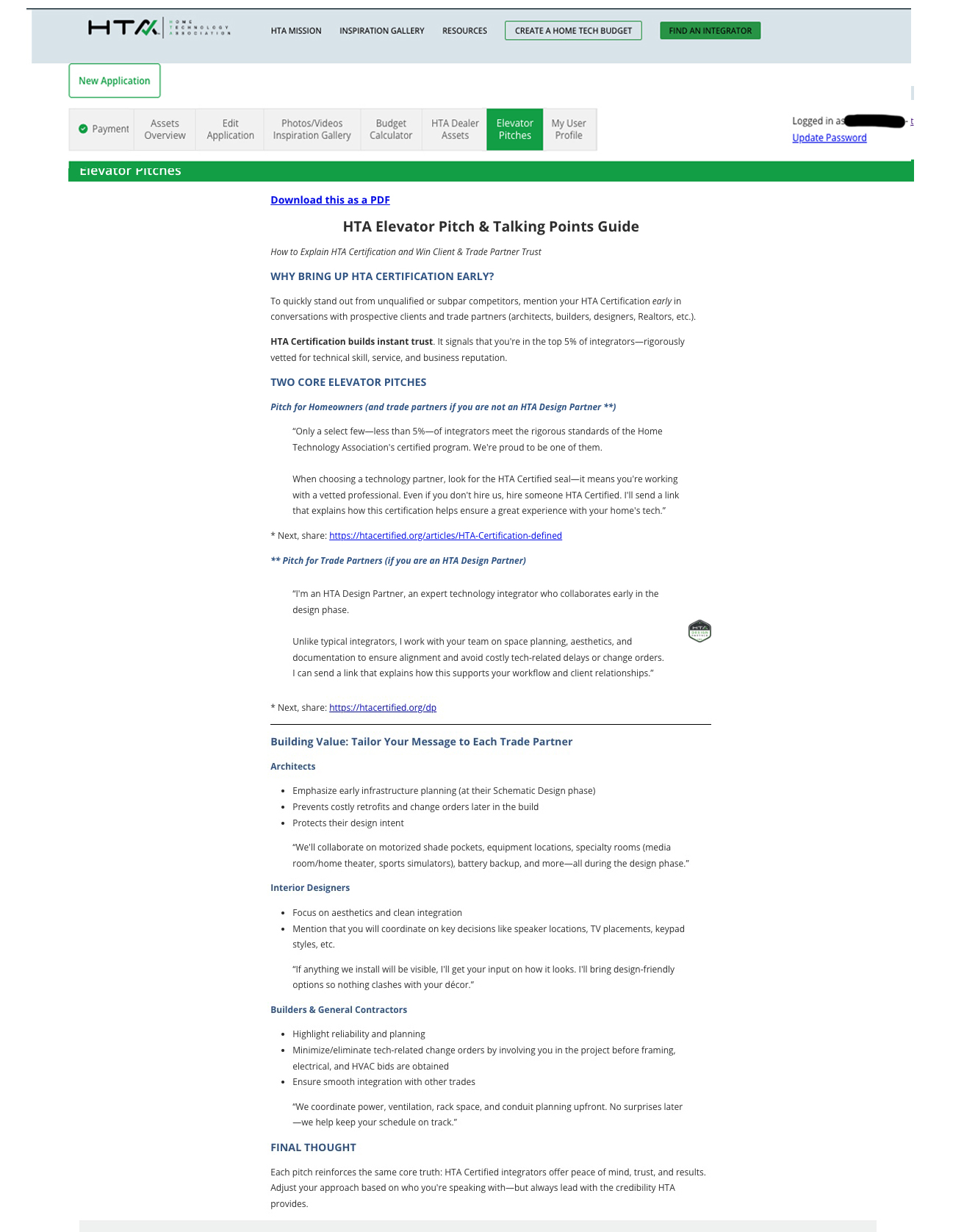 HTA Elevator Pitches tab screenshot