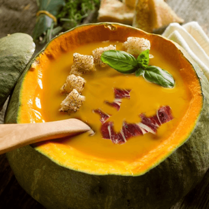 Pumpkin soup with Jamón Ibérico de Bellota and Croutons