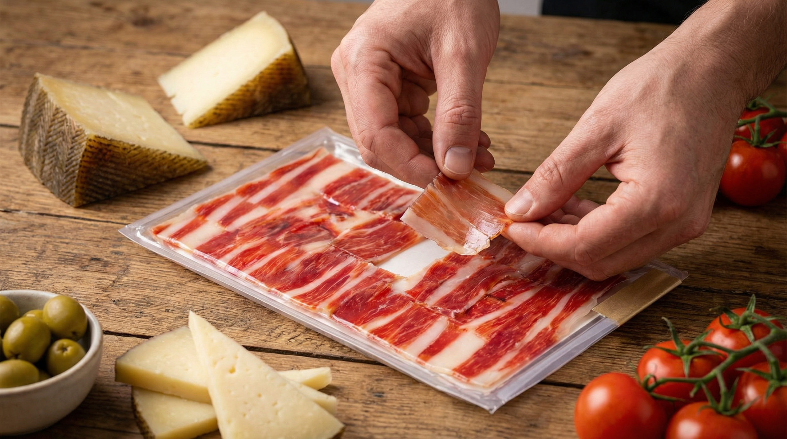 Ibérico Club hand-carved jamón package with Manchego cheese, olives, and picos on a wooden board