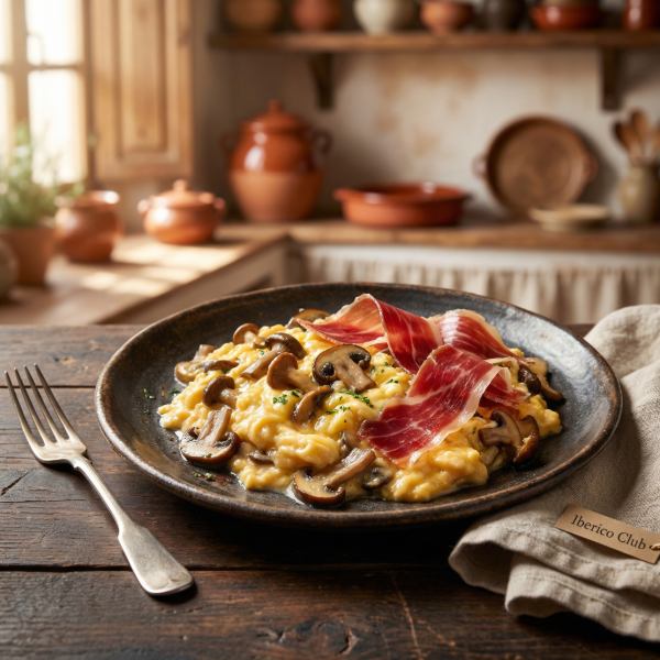 Scrambled Eggs with Jamon Iberico and Mushrooms