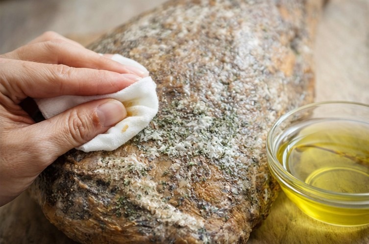 Close-up of a whole Jamon Iberico leg showing the cured exterior.