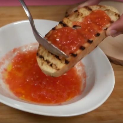 Jamon iberico de Bellota toast with rubbed tomato. Pan Tumaca
