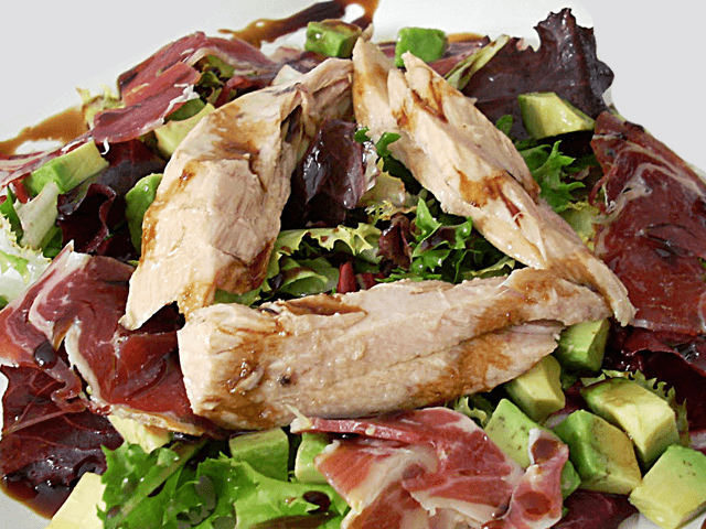 Tuna belly salad, avocado, patanegra and Pedro Ximenez vine reduction