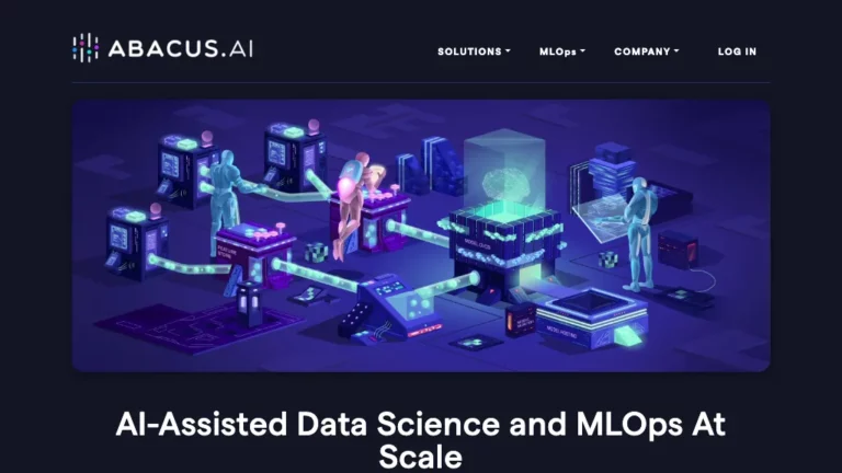 Abacus.AI homepage with a purple illustration of connected MLOps machinery and figures on a navy background