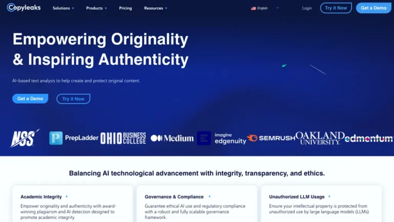 Historical blue Copyleaks homepage with an originality headline, publisher logos, and three product cards.