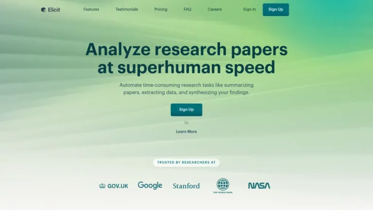 Historical Elicit homepage with the headline “Analyze research papers at superhuman speed” and a central sign-up button.