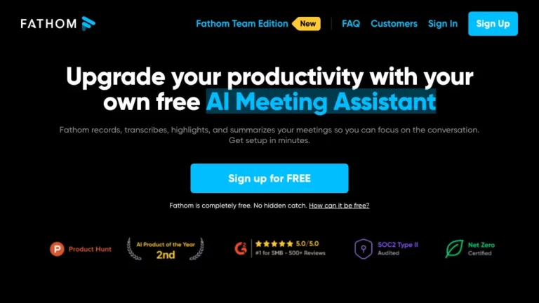 Historical Fathom homepage with an AI Meeting Assistant headline, blue signup button, and badge row on a black background