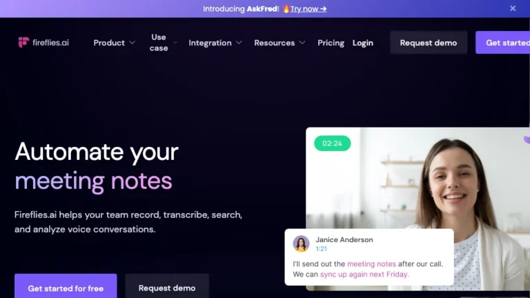 Historical Fireflies homepage with a meeting-notes headline, a video-call portrait, and a sample transcript card.